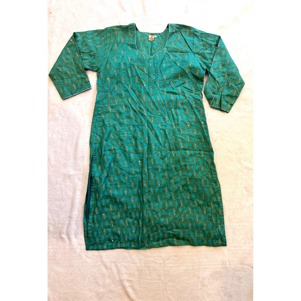 Cottage Product Silk Kurta Tunic Green Teal Leaf Print Sequin Embroidered Large